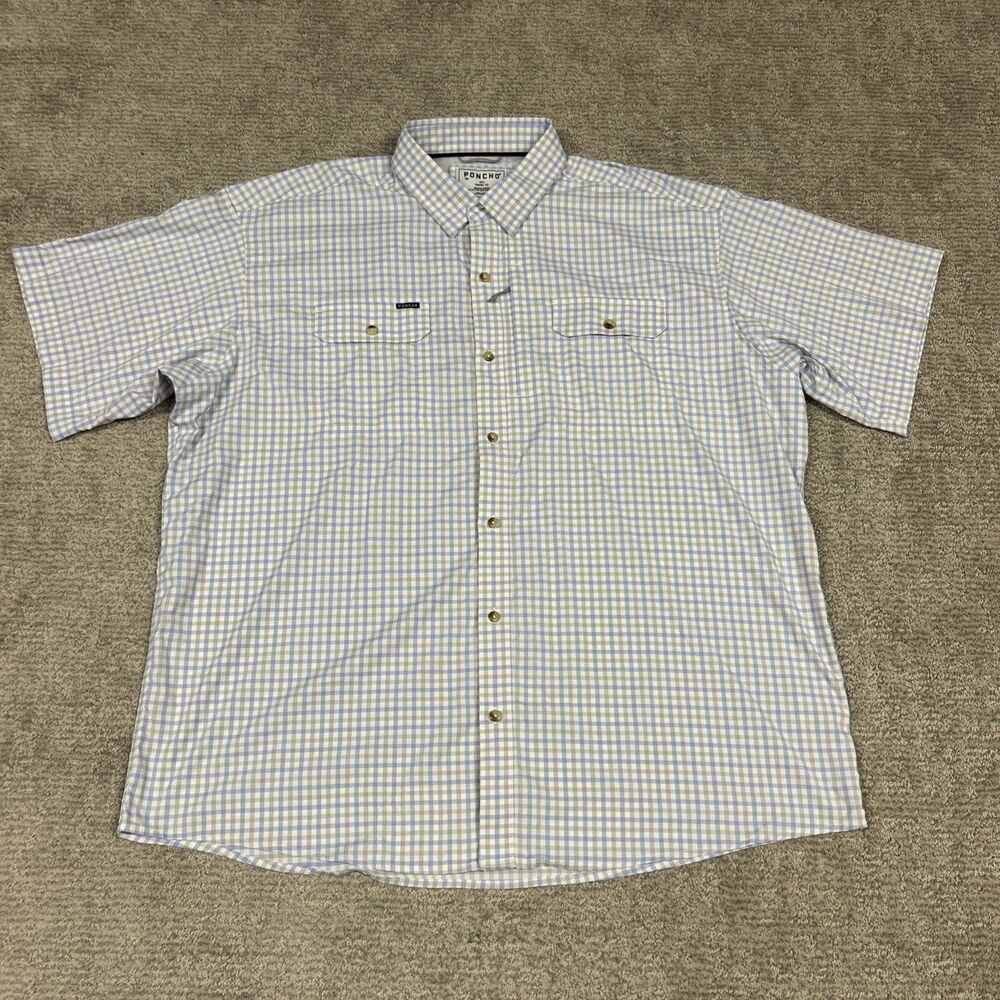 Poncho Shirt Mens XXL Blue Gray Check Short Sleeve Magnetic Pockets Vented Nylon